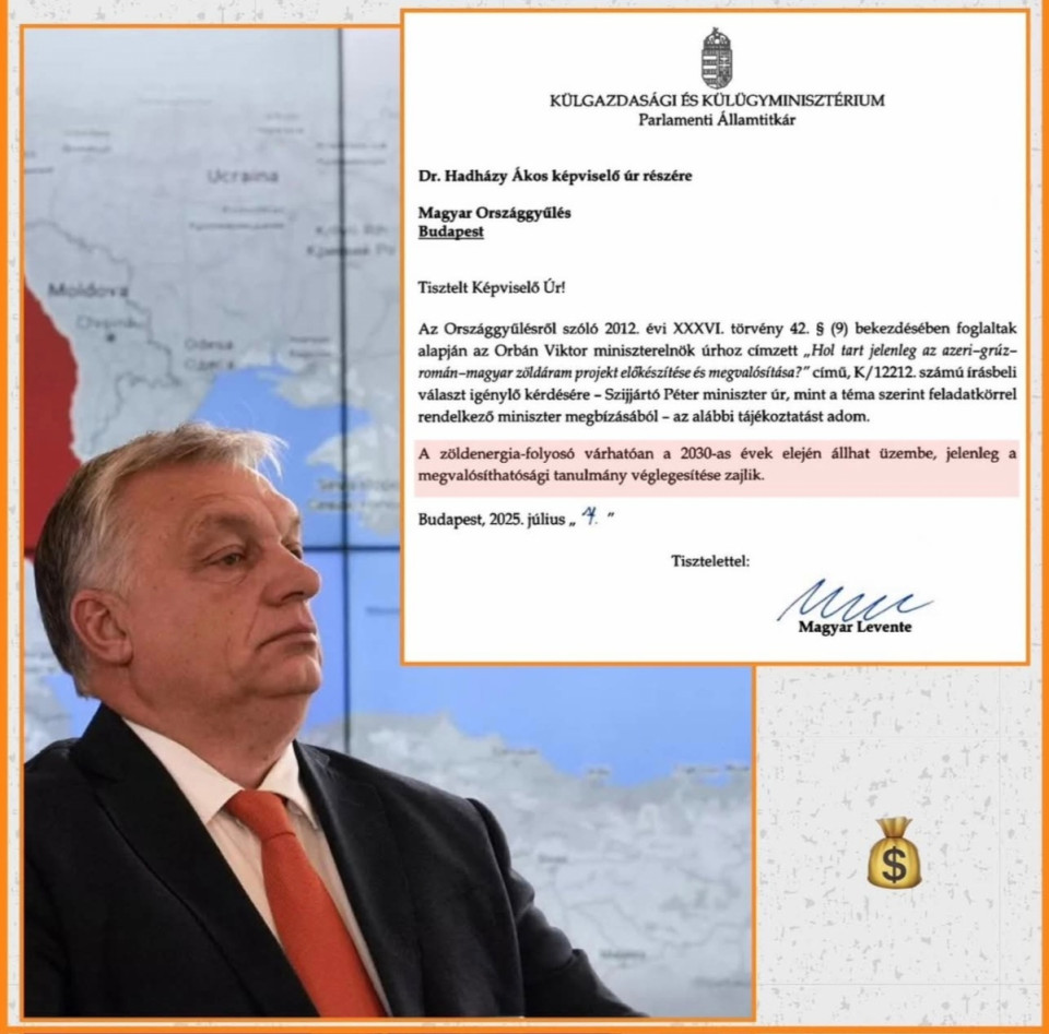 Hadházy Ákos írása<br />Emlékeznek még a zseniális tervre, hogy Azerbajdzsánból (!) hozzunk "zöld áramot"? Nos, megkérdeztem Szijjártóéktól néhány részletet, hogy hol tartunk ezzel... <br />   A "választ" röviden összefoglalva:<br />    Sehol.<br />    Azaz  Szijjártó helyettese most annyit nyögött ki, hogy "készül" a megvalósíthatósági tanulmány és 5 év múlva már ömlik az azeri áram az országba...<br />     A "válasz" és a fellelhető internetes dokumentumok alapján, kicsit bővebben:<br />     Három év alatt sikerült létrehozni egy vegyesvállalatot, amelynek legnagyobb teljesítménye a sajtóközlemények gyártása.<br />   • A megvalósíthatósági tanulmányt minden évben „hamarosan” beígérik, de valójában csak a kommunikáció halad.<br />   • A projekt a politikai kommunikációban „Európa energiabiztonságának záloga”, a valóságban viszont egy tipikus kelet-európai, balkáni történet: nagy szavak, nulla tartalom, végtelen tanulmányírás.<br />   • A szakértők szerint a projekt műszakilag, gazdaságilag és geopolitikailag is erősen kérdéses     – de legalább a bejelentések szintjén mindenki elégedett.<br />    Ha valaki tényleg zöldáramot akar látni ebből a projektből, az továbbra is várhat – de legalább a sajtóközlemények már zöldek.<br />   Ezen a linken sok cikket időrendbe szedve kigyűjtöttünk: https://hadhazyakos.hu/zoldaram-a-nagy-bejelentestol-a-nagy-semmiig-2022-2025/ <br />    A kérdéseim amúgy ezek lettek volna:<br /> -Hol tart jelenleg az azeri–grúz–román–magyar zöldáram-vezeték projekt előkészítése és megvalósítása?<br />- Milyen konkrét megállapodásokat írt alá Magyarország (és mely szervezetek, cégek vettek részt ezekben) a projekt kapcsán, illetve milyen kötelezettségvállalásokat tartalmaznak ezek a dokumentumok?<br />-Milyen eddigi költségek merültek fel Magyarország részéről a projekt előkészítésével, tanulmányokkal, tárgyalásokkal kapcsolatban, és várhatóan milyen további költségekkel kell számolni?<br />-Milyen forrásból (hazai, uniós, egyéb) finanszírozzák a projekt magyarországi részét?<br />• Milyen ütemezés várható a projekt megvalósításában, mikorra várható a vezeték tényleges kiépítése és üzembe helyezése?<br />- Milyen garanciák vannak arra, hogy a vezetékben valóban zöld áram érkezik majd Magyarországra, tekintettel arra, hogy Azerbajdzsánban jelenleg a megújuló energia aránya mindössze 5 százalék körül van, és az ország elsősorban földgázból termel villamos energiát?<br />-Hogyan értékeli a projekt t hosszú távú gazdasági és ellátásbiztonsági hasznát Magyarország számára, különös tekintettel a régióban tapasztalható politikai instabilitásra, valamint arra, hogy a szakmai vélemények szerint a projekt megvalósíthatósága és megtérülése kérdéses?
